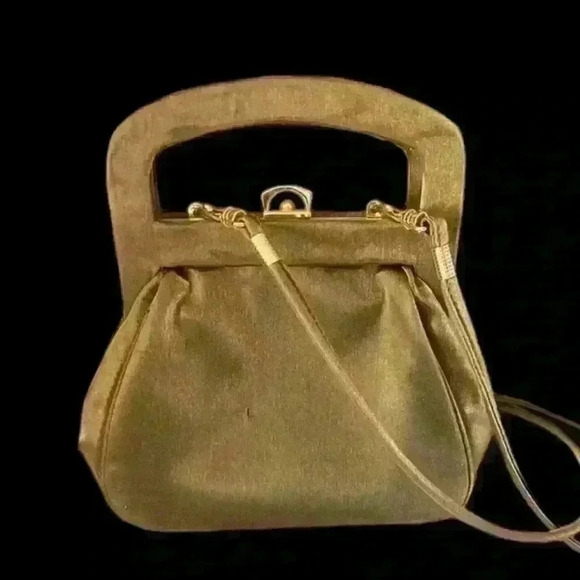 Handbags - Gold Sateen ladies bag. Snap closure long removable strap.